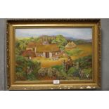 A GILT FRAMED OIL PAINTING OF A SHEPHERD AND SHEEP INITIALED IHP