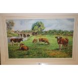 A MOUNTED WATERCOLOUR OF CATTLE GRAZING BY A BRIDGE OVER THE RIVER SIGNED HARRY W POTTER