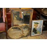 THREE VINTAGE GILT FRAMED MIRRORS TOGETHER WITH A PRINT