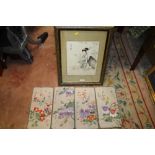 A FRAMED AND GLAZED ORIENTAL NEEDLEWORK ON SILK TOGETHER WITH A SET OF FOUR ORIENTAL PAINTINGS ON