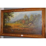 A FRAMED OIL ON CANVAS OF AN ASIAN RURAL FARMING SCENE SIGNED RUHIAT