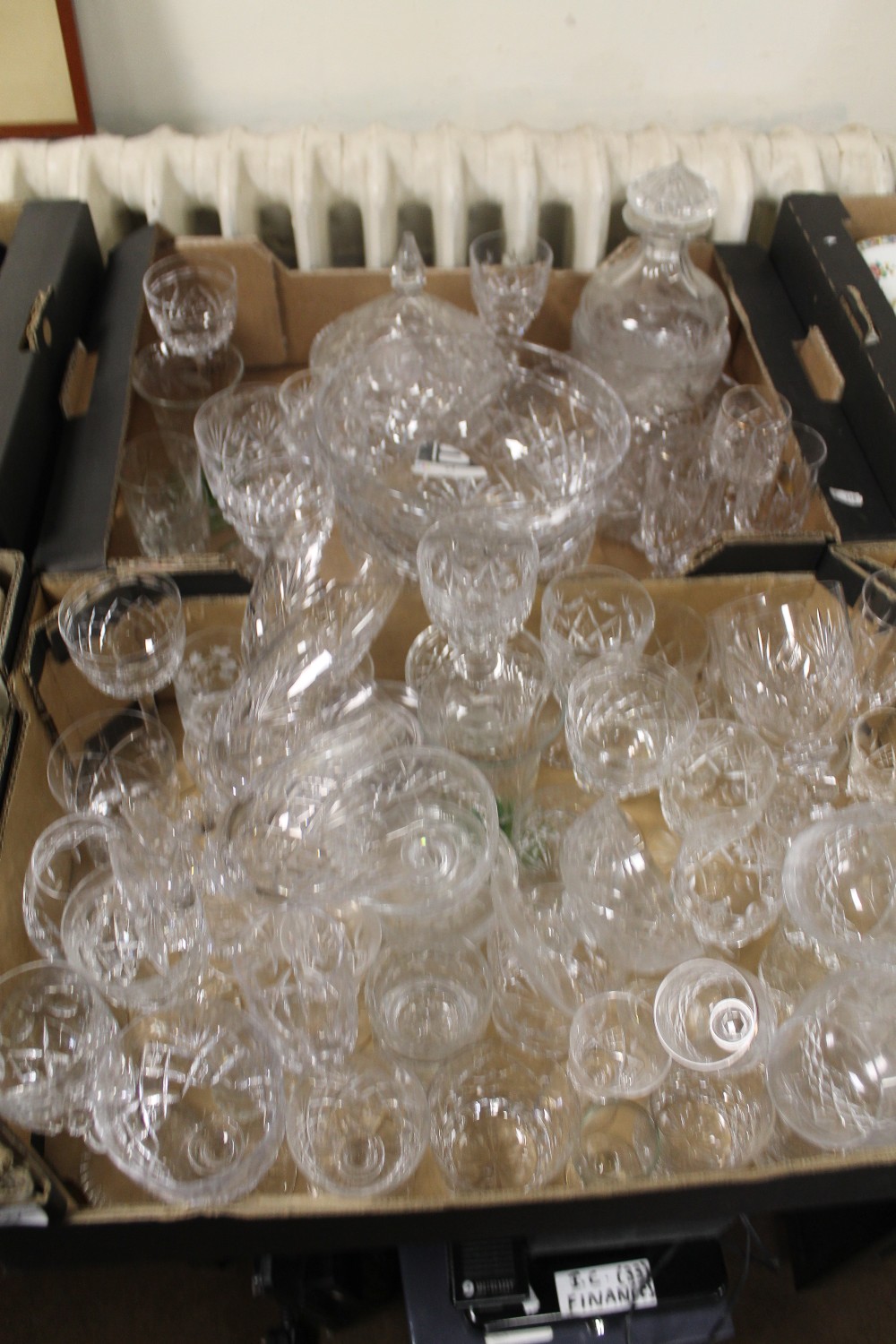 TWO TRAYS OF CUT GLASS ITEMS