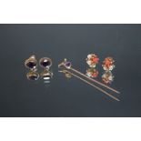 A PAIR OF 9 CARAT GOLD AMETHYST EARRINGS, together with a 9ct amethyst stick pin and a pair of 9