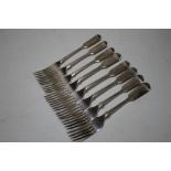 A COLLECTION OF EIGHT VICTORIAN HALLMARKED SILVER FIDDLE PATTERN DESSERT FORKS, various dates and