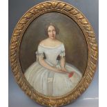 A 19TH CENTURY OVAL PORTRAIT STUDY OF AN ELEGANT YOUNG LADY HOLDING A FAN, unsigned, oil on canvas