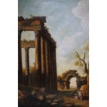 A 19TH CENTURY CONTINENTAL SCHOOL CLASSICAL LANDSCAPE, with figures, ruins and statue, unsigned, oil