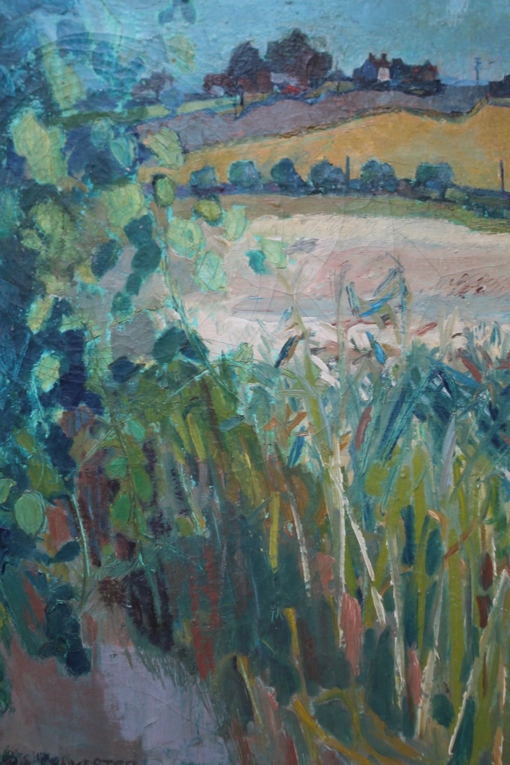 DIANA SYLVESTER (b.1924). An impressionist wooded landscape with farmstead beyond, see label and