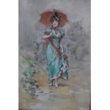 LATE 19TH / EARLY 20TH CENTURY CONTINENTAL SCHOOL. Study of a young woman walking in a wet lane