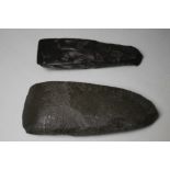 TWO EARLY HAND AXE HEADS, largest W 16 cm