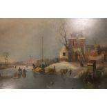 DUTCH SCHOOL (XIX). Dutch winter scenes with figures on an icy river, unsigned, oil on panel, gilt