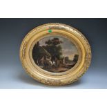 CONTINENTAL SCHOOL (XIX). Horse and cart outside an Inn with figures, oil on tin, oval gilt frame,