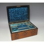 A VICTORIAN WALNUT SEWING BOX WITH TUNBRIDGE WARE INLAY, hinged opening to reveal part fitted