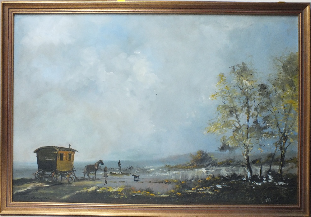 CORRIGAN. A 20th century wooded coastal scene with gypsy caravan, horse, figures and dog, signed - Image 2 of 3