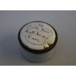 A BILTSON ENAMEL PATCH BOX, with 'My Lovly Fair shall be my Care' to the lid, Dia 2.5 cm