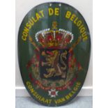 A VINTAGE CONSULATE DE BELGIQUE LARGE ENAMEL COAT OF ARMS SIGN, of oval shaped form, hand painted
