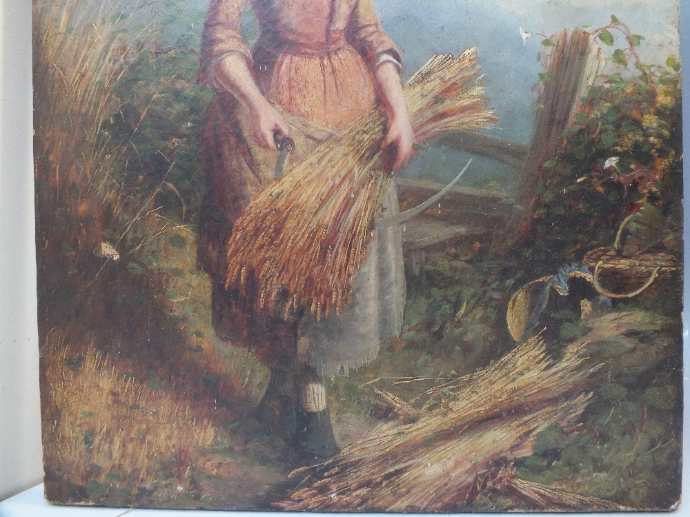 A 19TH CENTURY STUDY OF A PEASANT GIRL HARVESTING BY A STILE, hills in background, unsigned, oil - Image 3 of 4