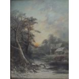 EDWARD PARTRIDGE. A late 19th / early 20th century winters wooded river landscape with cottage 'A
