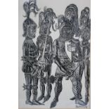 JOHN RANDALL BRATBY (1928-1992). An illustration study of four knights in full suits of armour,