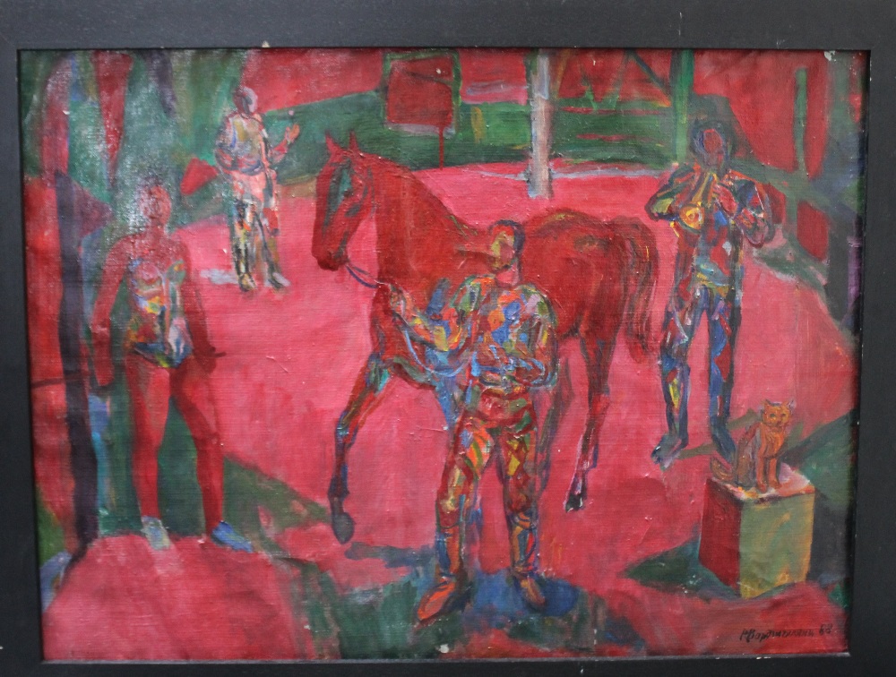 P. BIELSCHOWSKI. Twentieth century Russian school, an impressionist circus scene with figures, horse - Image 2 of 3