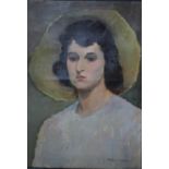 A 20TH CENTURY PORTRAIT STUDY OF A YOUNG WOMAN WEARING A HAT, signed lower right, oil on canvas,