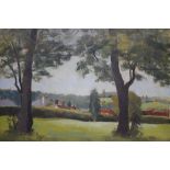 RUBY WALLACE. A 20th century impressionist rural wooded village scene, signed lower right, oil on