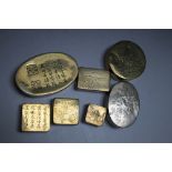 A COLLECTION OF SEVEN ORIENTAL METAL SCHOLARS INK BOXES ETC, all with engraved lids, largest W 11 cm