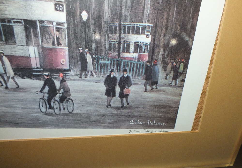 ARTHUR DELANEY (1927-1987). Northern town scene with trams and figures, signed in pencil lower - Image 3 of 3