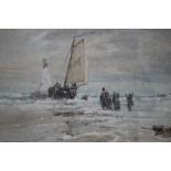 OSWALD GARSIDE (1879-1942). Coastal shore scene with figures and fishing boat 'On the Dutch Coast'