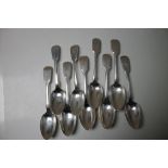 A COLLECTION OF NINE VICTORIAN HALLMARKED SILVER FIDDLE PATTERN DESSERT SPOONS, various dates and