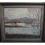 E PENFOLD ? (XX). A flooded country landscape, signed lower left but indistinct, oil on canvas,