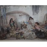 WILLIAM RUSSELL FLINT (1880-1969). Three models in an artist studio, signed in pencil, coloured