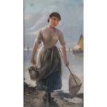 E. FOLLI. Late 19th / early 20th century Italian school, shore scene with peasant girl carrying a