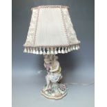 A CONTINENTAL PORCELAIN FIGURATIVE TABLE LAMP, modelled as a lady holding a child on a gilt lined