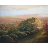 RONALD MOORE. An extensive impressionist wooded landscape 'Autumn Sunset', see verso, signed and