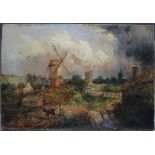 C.T. MOORE. A 19th century story Nottinghamshire rural landscape with windmills, farm buildings,