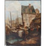 A 19TH CENTURY CONTINENTAL TOWN HARBOUR SCENE, with moored sailing vessels and figures waiting for