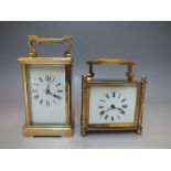 A FRENCH BRASS CASED CARRIAGE CLOCK, of squat form, visible escapement to top panel, overall H 11.