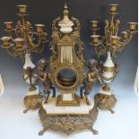 A LARGE ANTIQUE CLOCK GARNITURE IN NEED OF RESTORATION, the central 'Lyre' style clock lacking