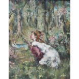 A 20TH CENTURY IMPRESSIONIST WOODLAND SCENE WITH YOUNG GIRL AND SWAN, unsigned, oil on board,