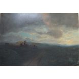 ?? ROBILLIARD. An early 20th century extensive stormy moorland scene with gypsy encampment, framed