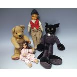 A SMALL SELECTION OF VINTAGE DOLLS AND BEARS, comprising a Chad Valley mohair bear, H 30 cm, a