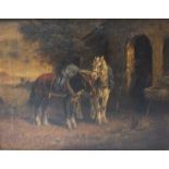 LATE 19TH / EARLY 20TH CENTURY CONTINENTAL SCHOOL, a wooded river landscape with two horses before a