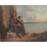 A LATE 19TH / EARLY 20TH CENTURY COASTAL SCENE, with woman, child and dog at cottage door, unsigned,