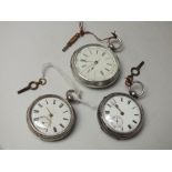 THREE HALLMARKED SILVER OPEN FACED MANUAL WIND POCKET WATCHES, largest Dia 6 cm