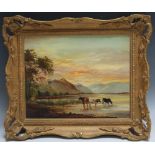 CATTLE WATERING IN THE SHALLOWS OF A MOUNTAINOUS LAKE, signed lower left, oil on board, framed, 19.5