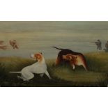 NINETEENTH CENTURY ENGLISH SCHOOL, marshland shooting scene with hounds, unsigned, oil on tin,