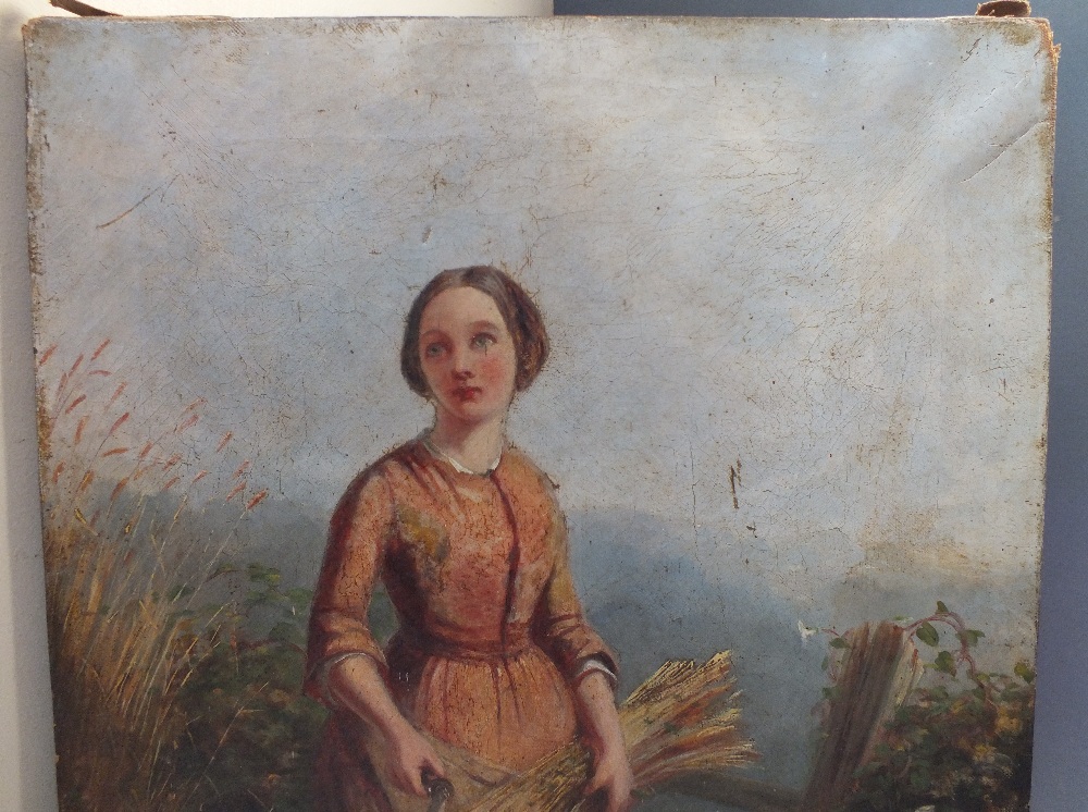 A 19TH CENTURY STUDY OF A PEASANT GIRL HARVESTING BY A STILE, hills in background, unsigned, oil - Image 2 of 4