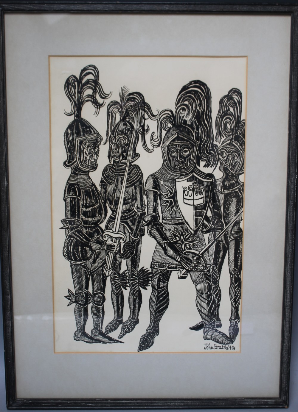 JOHN RANDALL BRATBY (1928-1992). An illustration study of four knights in full suits of armour, - Image 2 of 3