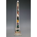 AN INLAID SPECIMEN MARBLE OBELISK, H 39 cm