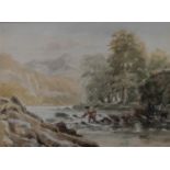 DAVID COX SNR (1783-1859). Fishermen in a stream, named and titled verso, watercolour, gilt framed